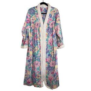 Herbcraft Robe Women M Pink Floral Granny Feminine Retro Boho Mumu Knit Classic